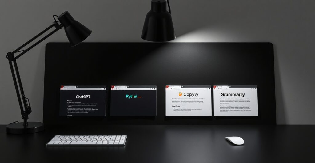 Comparison chart of five free AI writing assistants tested June 2025 on free plans only