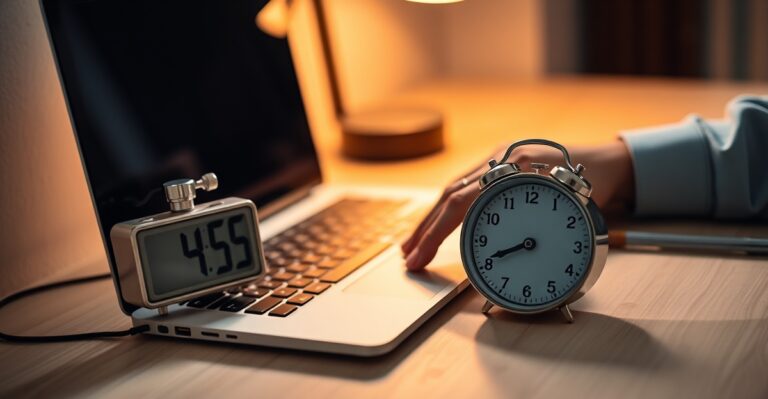 A focused content creator writing an article on a laptop with a visible timer and structured outline notes beside the keyboard