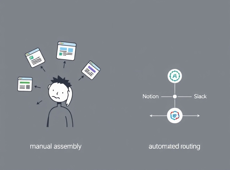Broken manual workflow versus automated Notion AI project management pipeline, showing coordination overhead before and after