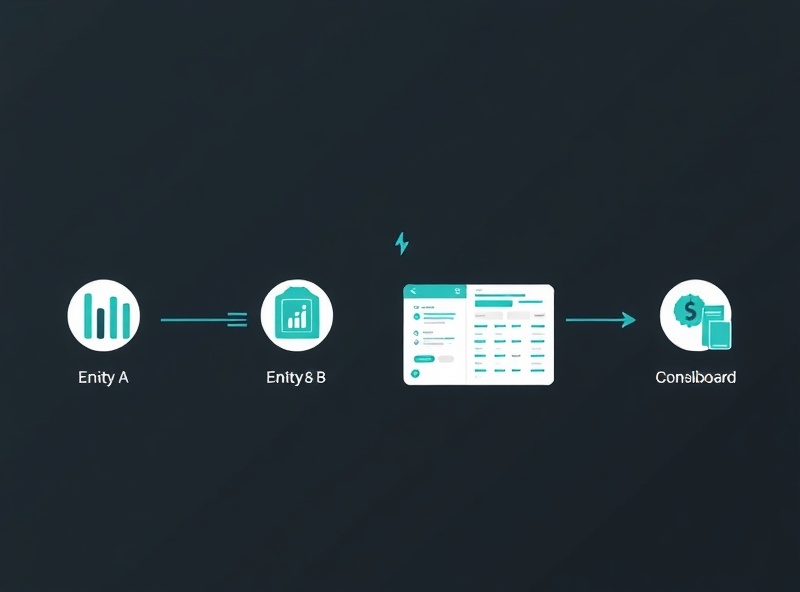 Diagram showing multi-entity data flows from separate ledgers into a centralized revenue reconciliation automation platform
