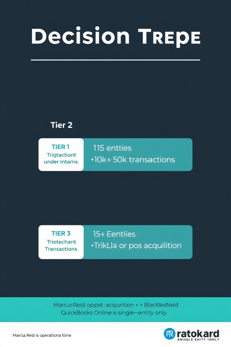 Infographic summarizing key decision points for choosing multi-location revenue reconciliation automation by entity count and transaction volume