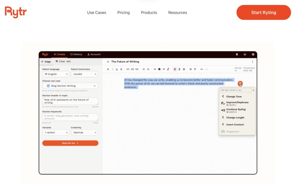 Rytr free plan template library showing 40+ content formats — tested as a free AI writing assistant for short-form output in June 2025