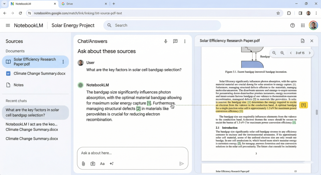 Google NotebookLM interface displaying AI-generated citations linked directly to highlighted text in a source PDF