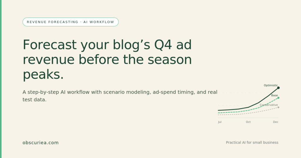 Blog Q4 revenue forecast dashboard showing AI-generated scenario projections for ad RPM and seasonal traffic data