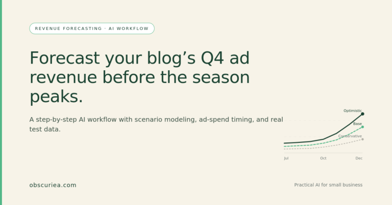 Blog Q4 revenue forecast dashboard showing AI-generated scenario projections for ad RPM and seasonal traffic data