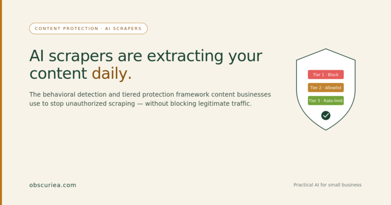 Operator framework for protecting AI content from scraping using tiered controls and behavioral bot detection