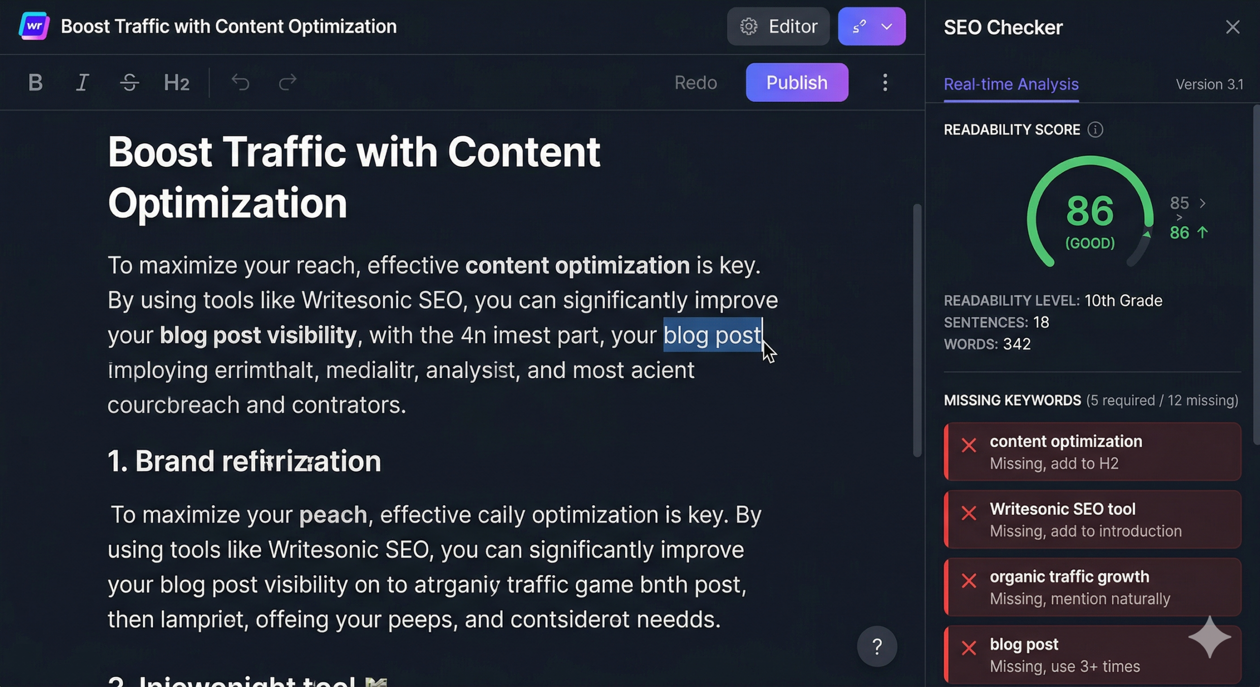Writesonic dashboard showing an active Zapier workflow automatically publishing an AI-generated article to a WordPress site.