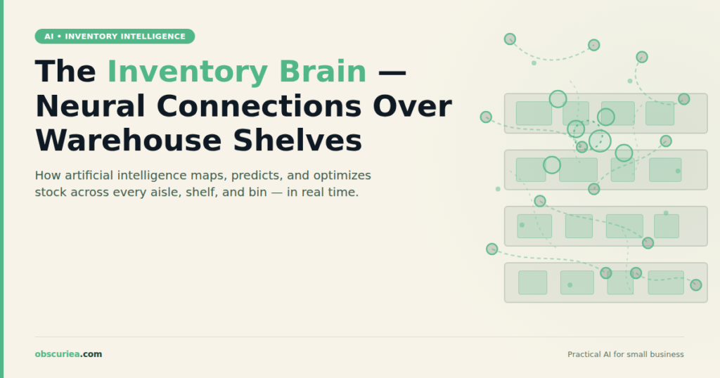 Abstract representation of an AI inventory management brain with neural connections over warehouse shelves