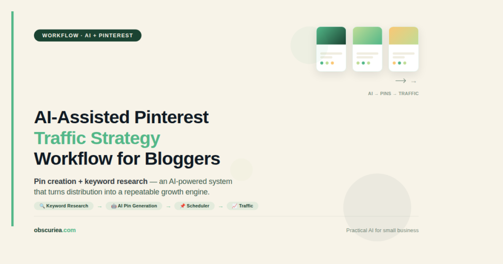 AI-assisted Pinterest traffic strategy workflow for bloggers showing pin creation and keyword research