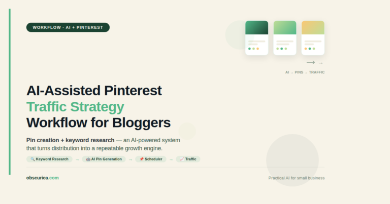 AI-assisted Pinterest traffic strategy workflow for bloggers showing pin creation and keyword research