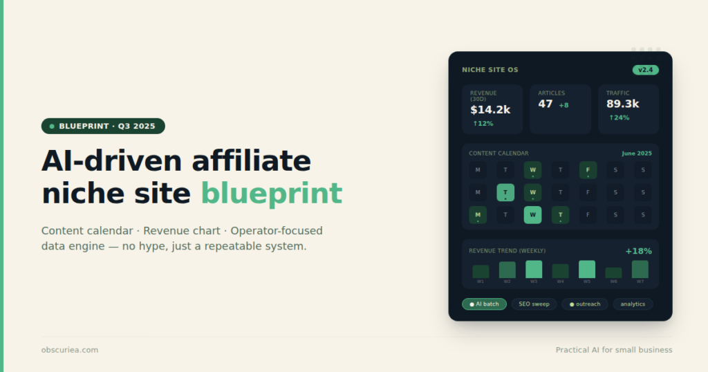 AI-driven affiliate marketing niche site blueprint dashboard with content calendar and revenue chart