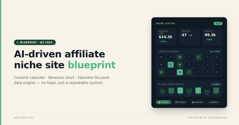 AI-driven affiliate marketing niche site blueprint dashboard with content calendar and revenue chart