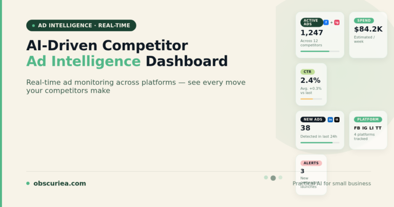 AI-Driven Competitor Ad Intelligence dashboard showing real-time ad monitoring across platforms