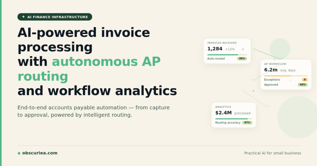 AI-powered invoice processing dashboard showing autonomous AP routing and workflow analytics