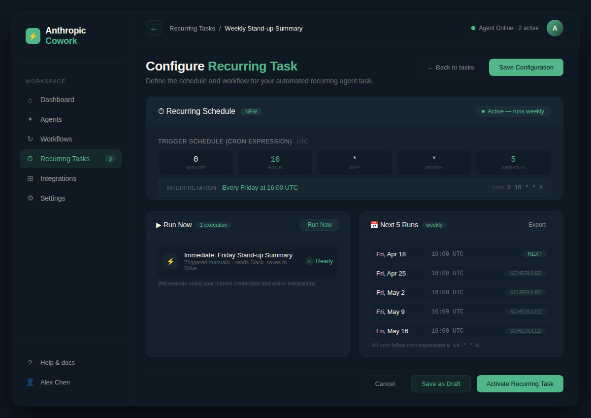 Anthropic Cowork recurring tasks configuration screen showing weekly schedule for stand-up summary