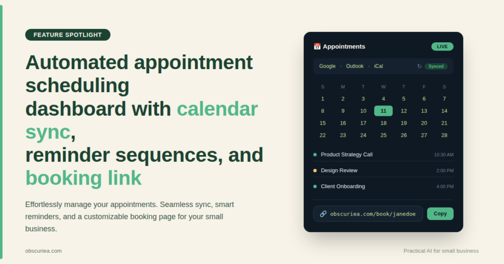 Automated appointment scheduling dashboard with calendar sync, reminder sequences, and booking link