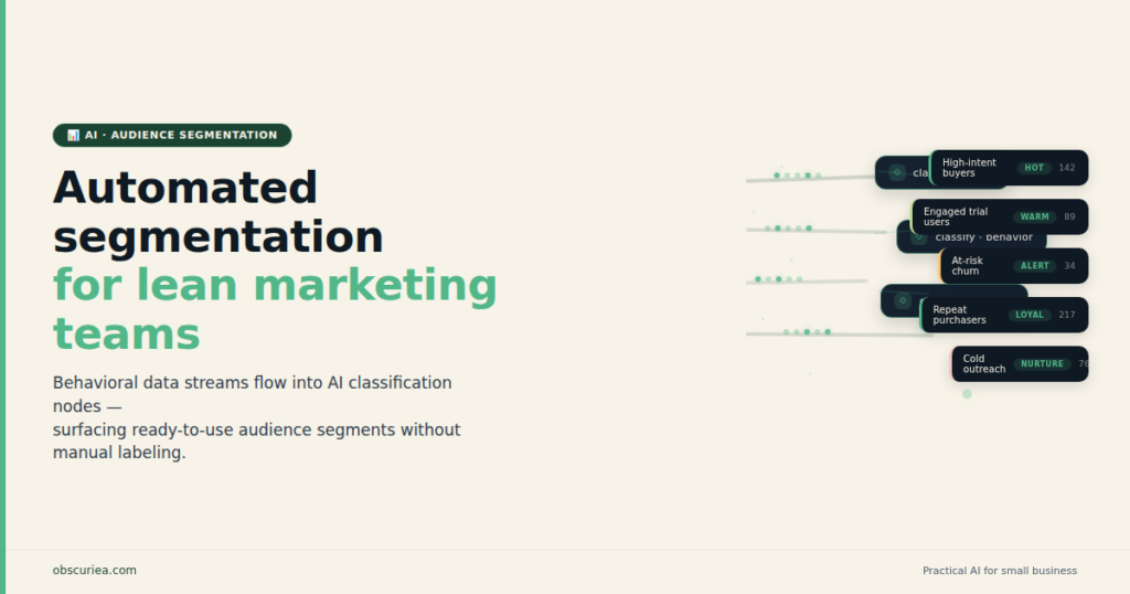 Automated audience segmentation AI dashboard showing behavioral data streams flowing into contact classification nodes and labeled audience segments for a lean marketing team