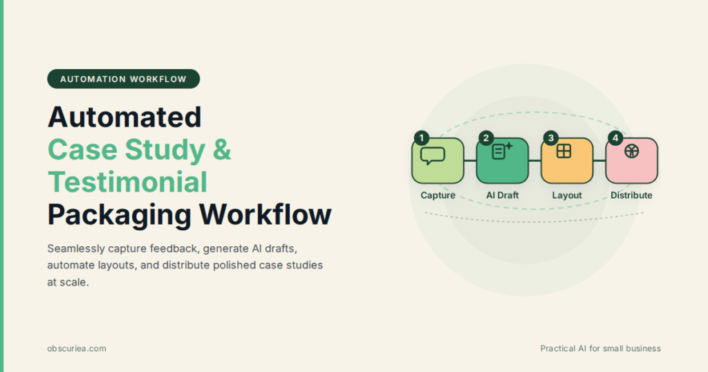 Automated case study and testimonial packaging workflow diagram showing feedback capture, AI drafting, layout automation, and distribution