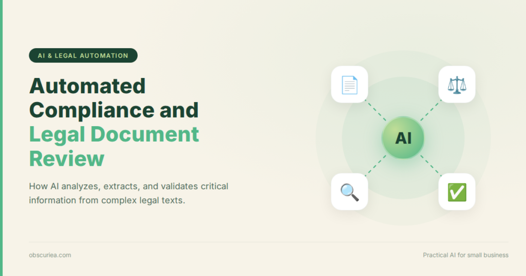 Automated Compliance and Legal Document Review conceptual illustration showing AI analyzing legal documents