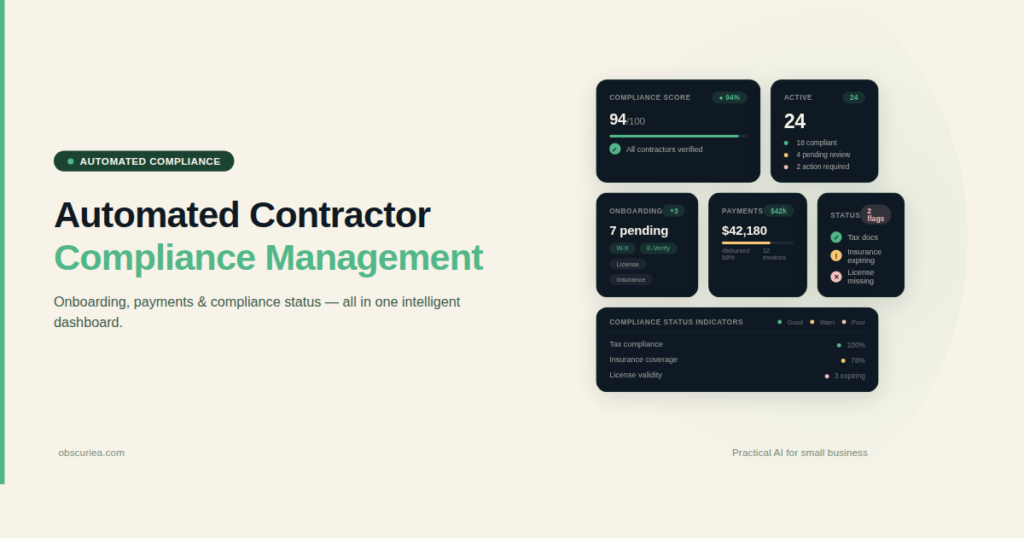 Automated contractor compliance management dashboard with onboarding, payments, and compliance status indicators