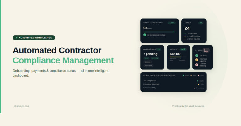 Automated contractor compliance management dashboard with onboarding, payments, and compliance status indicators