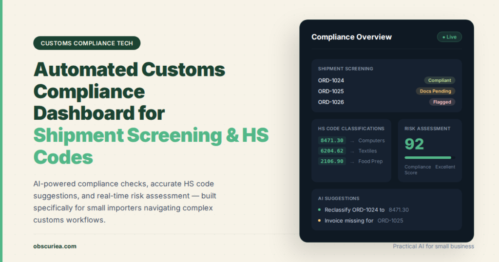 Automated customs compliance dashboard for small importers showing shipment screening and HS code classifications