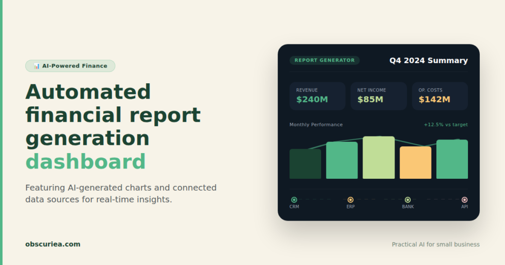 Automated financial report generation dashboard showing AI-generated charts and connected data sources