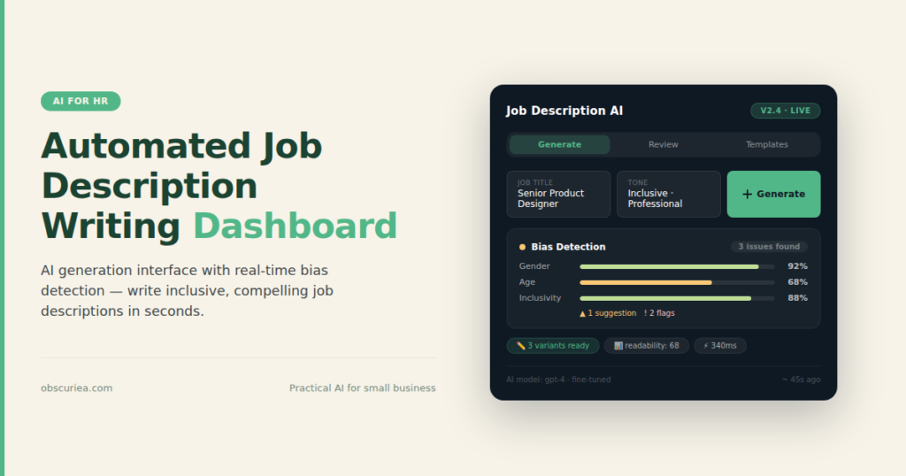 Automated job description writing dashboard with AI generation interface and bias detection panel