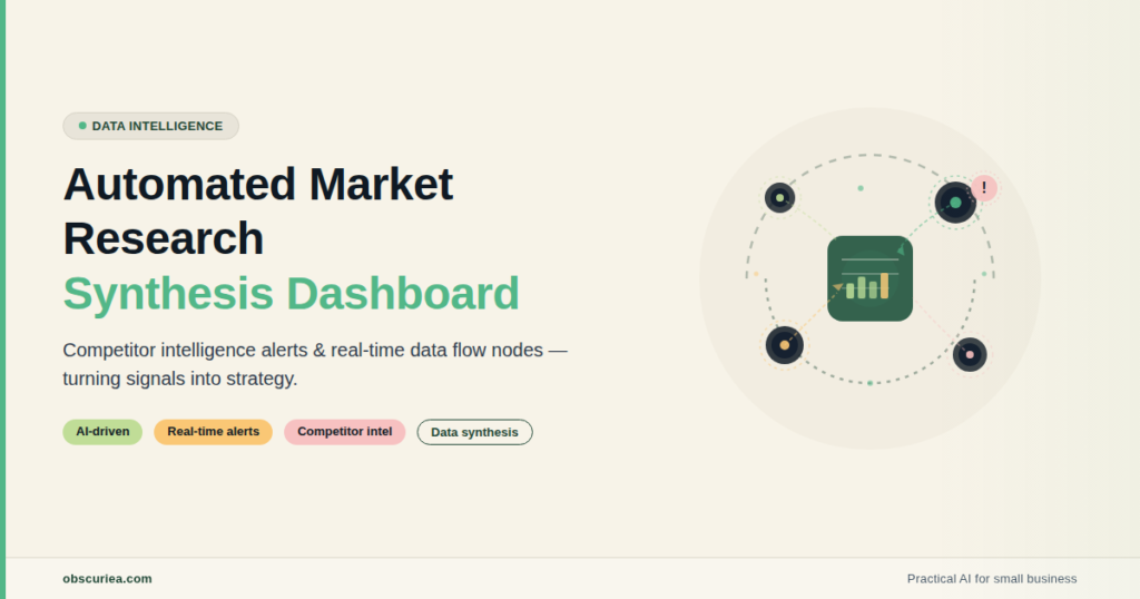 Automated market research synthesis dashboard with competitor intelligence alerts and data flow nodes
