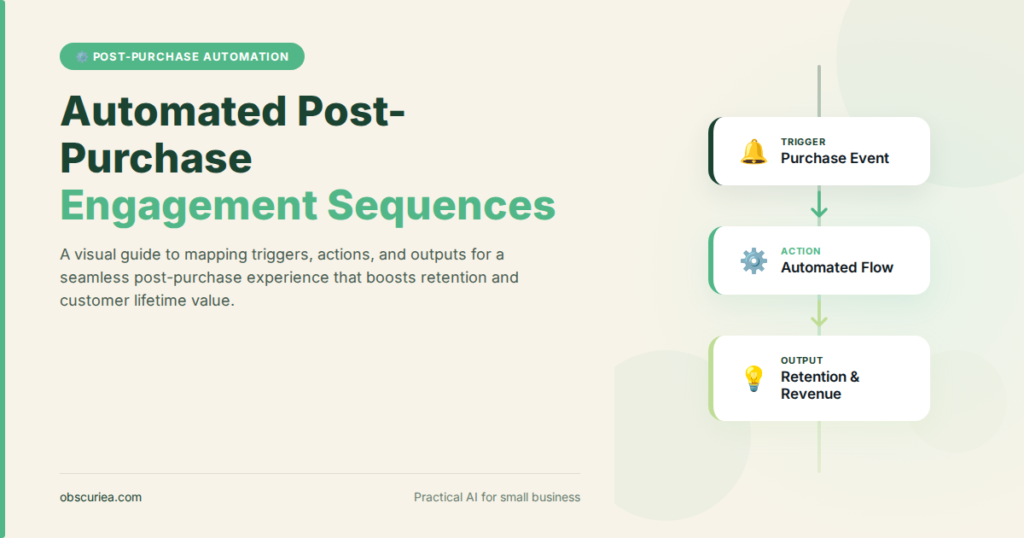 Automated post-purchase engagement sequence diagram showing trigger-action-output flow