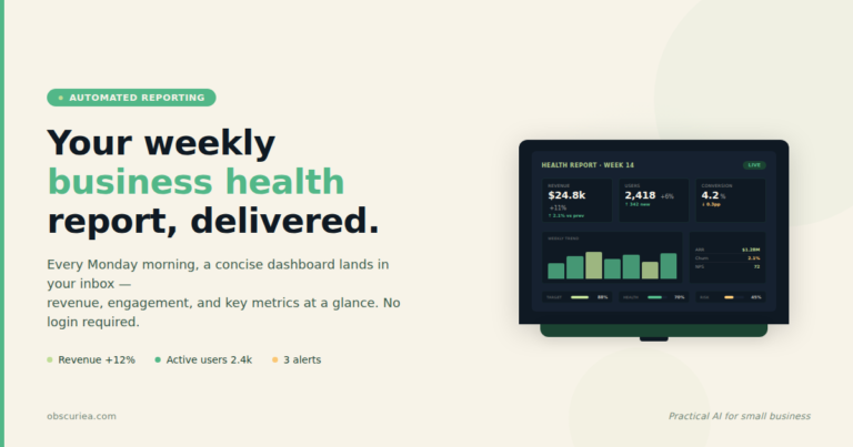 Automated weekly business health report dashboard on laptop for inbox delivery
