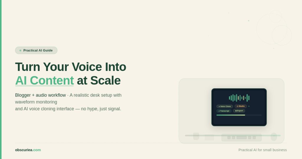 blogger at desk with audio waveform and AI voice cloning interface on screen