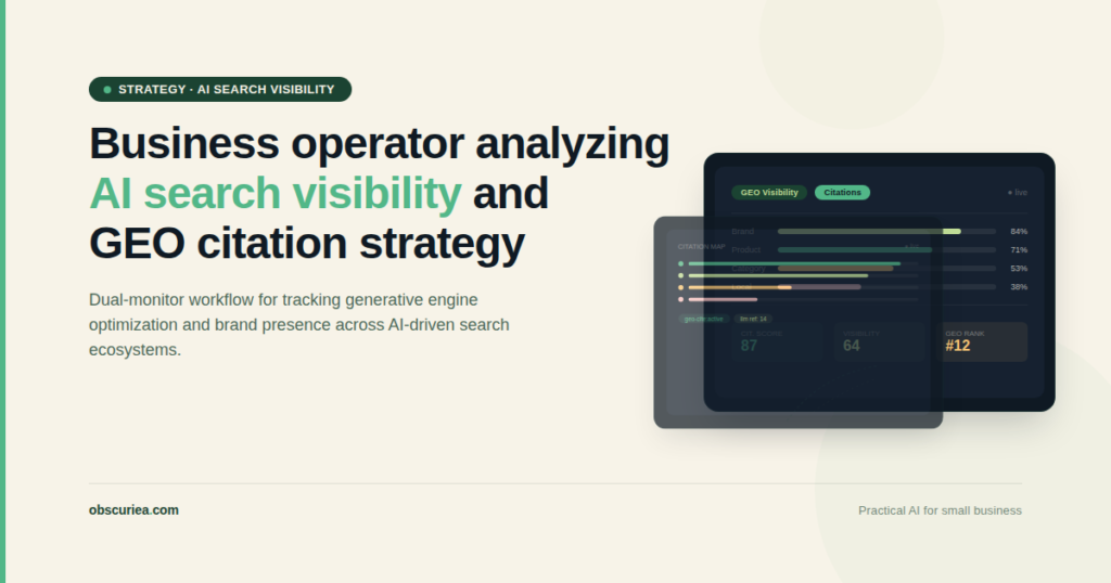 Business operator analyzing AI search visibility and GEO citation strategy on dual monitors