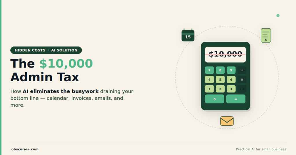 A calculator showing $10,000 crossed out with a red line, surrounded by icons of calendar, invoice, and email representing admin tasks.