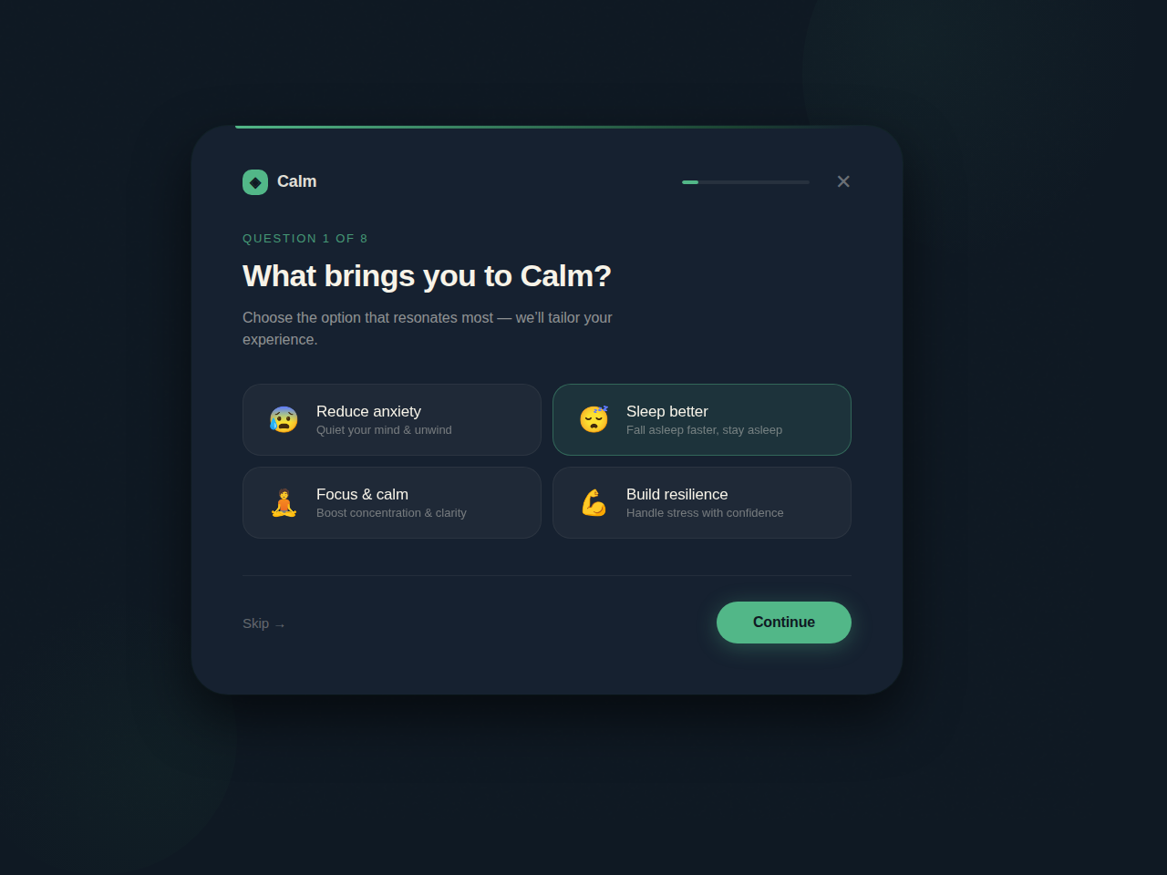 Calm app web-to-app quiz funnel showing intent-based onboarding before subscription checkout