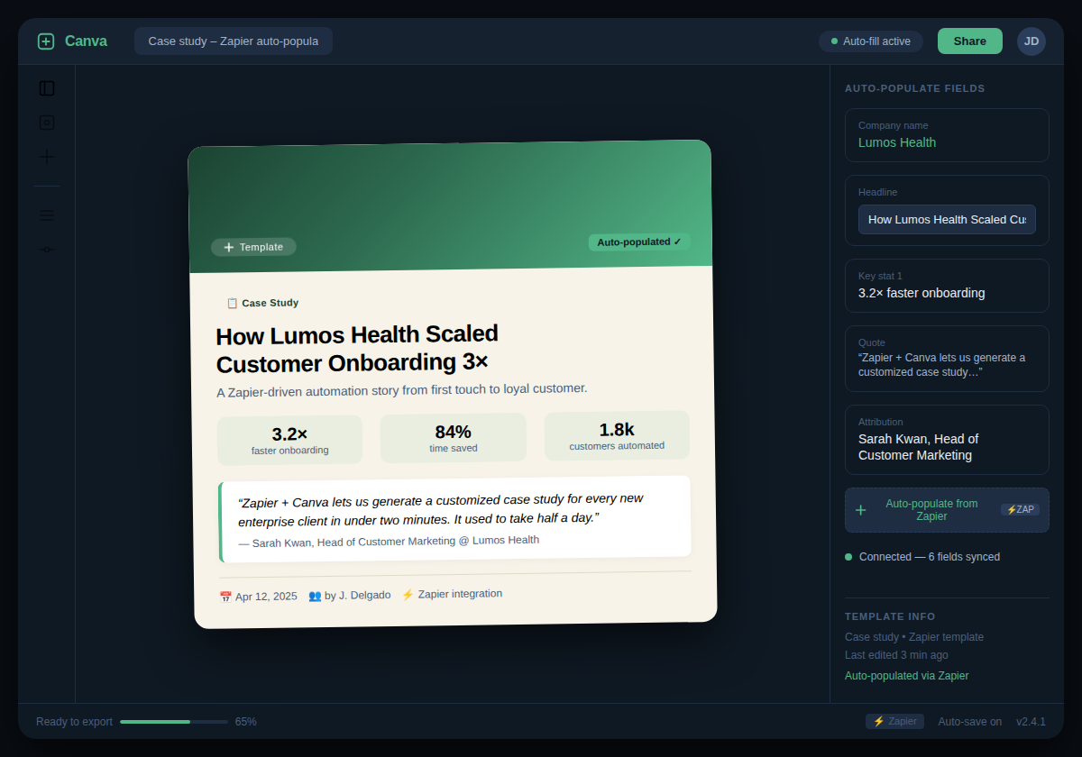 Canva editor showing a case study template with auto-populated text and customer quote