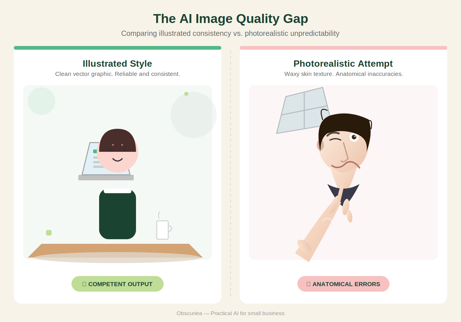 Canva Magic Studio AI image generation quality comparison illustrated style versus photorealistic output showing anatomical errors