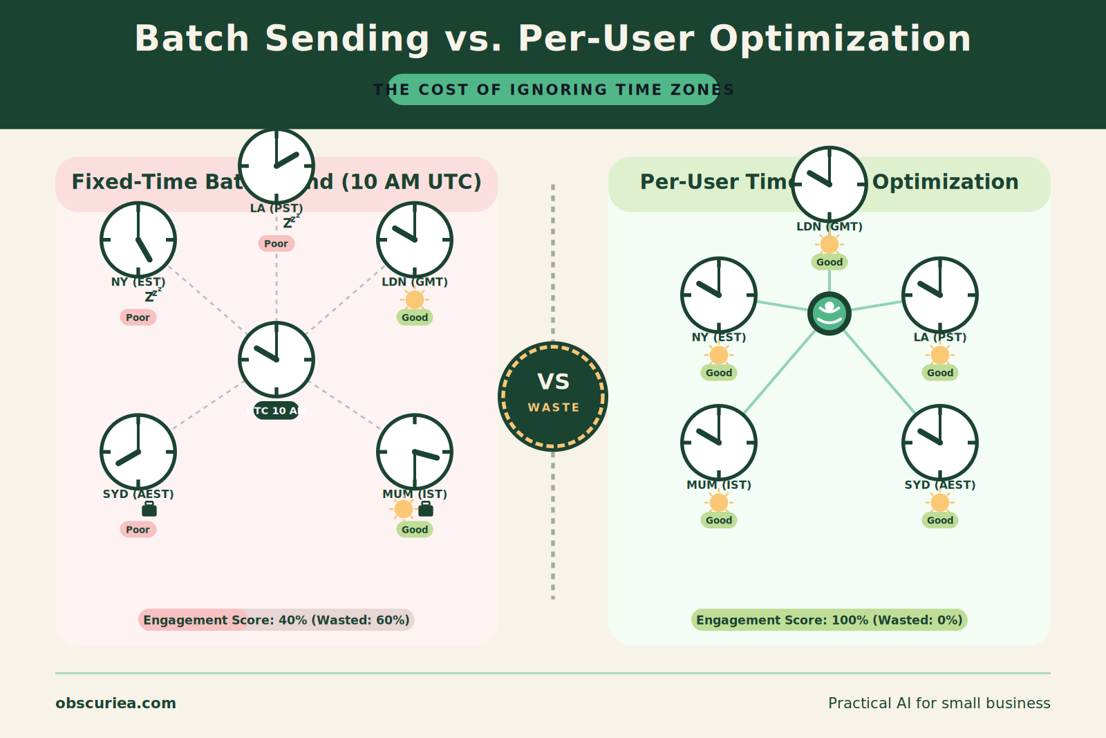 Comparison of batch send vs. per-user send time distribution across time zones, showing waste in fixed-time scheduling