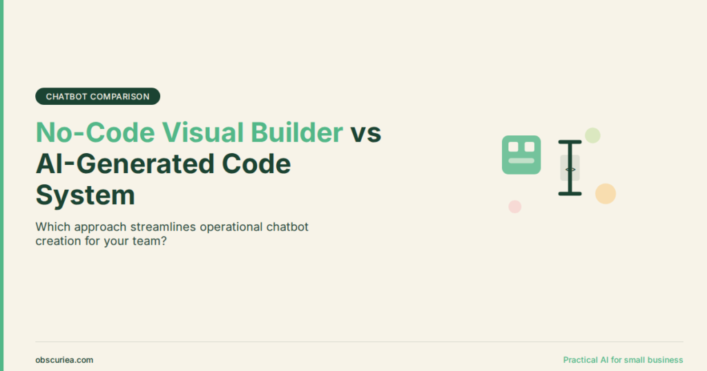 Comparison between no-code visual chatbot builder and AI-generated code system for custom chatbots