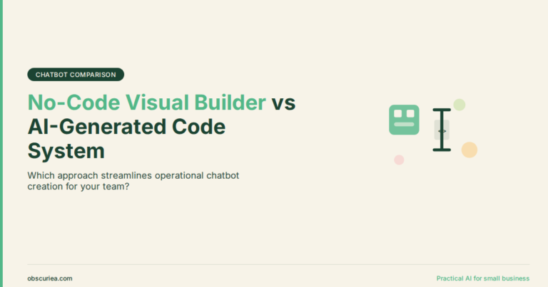 Comparison between no-code visual chatbot builder and AI-generated code system for custom chatbots