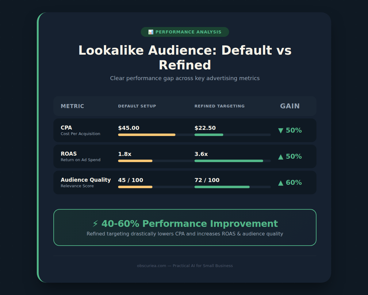 Comparison illustration of default versus refined lookalike audience performance metrics