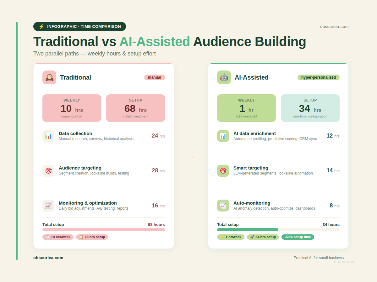 Comparison infographic of time investment for traditional versus AI-assisted hyper-personalized ad audience creation