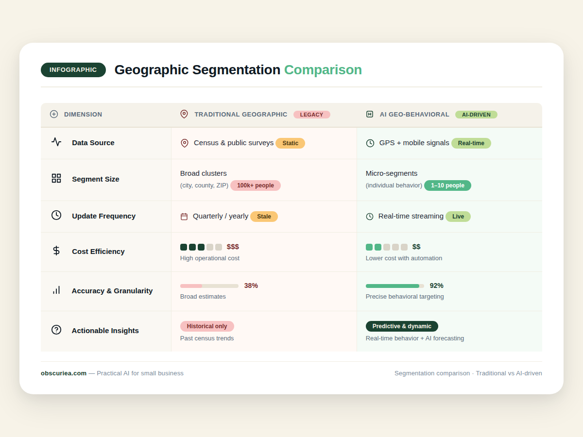 Comparison table of traditional geographic segmentation vs AI geo-behavioral segmentation costs and benefits