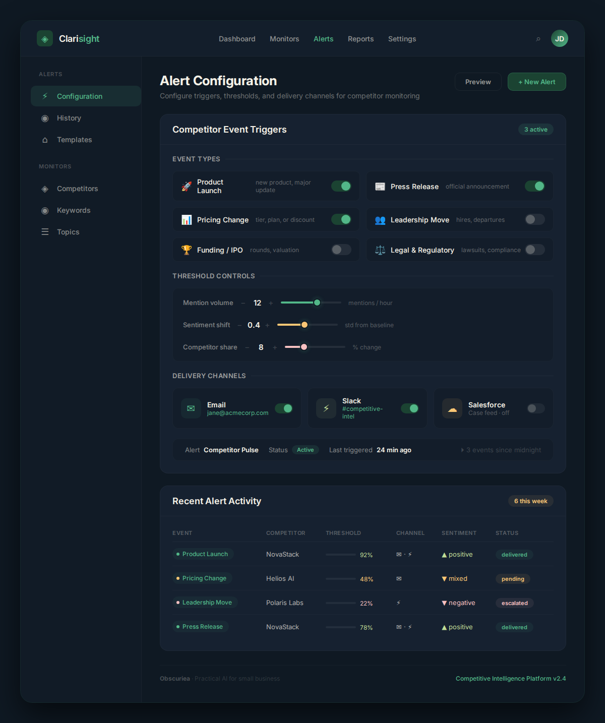 competitive intelligence platform alert configuration settings panel showing threshold controls and delivery channel options for automated competitor monitoring