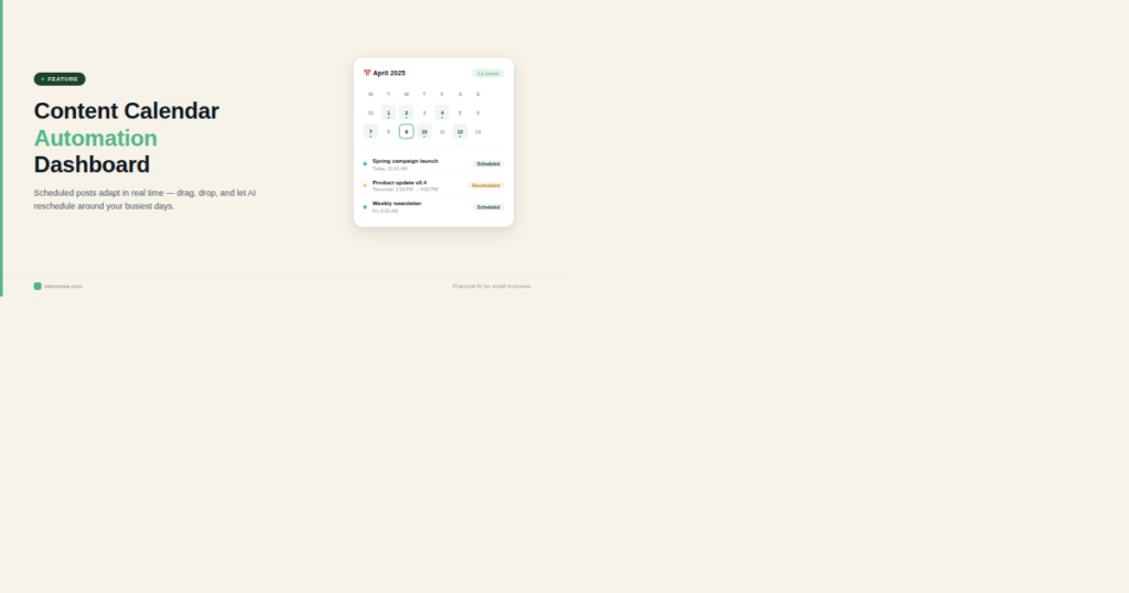 Content calendar automation dashboard showing scheduled posts and adaptive rescheduling