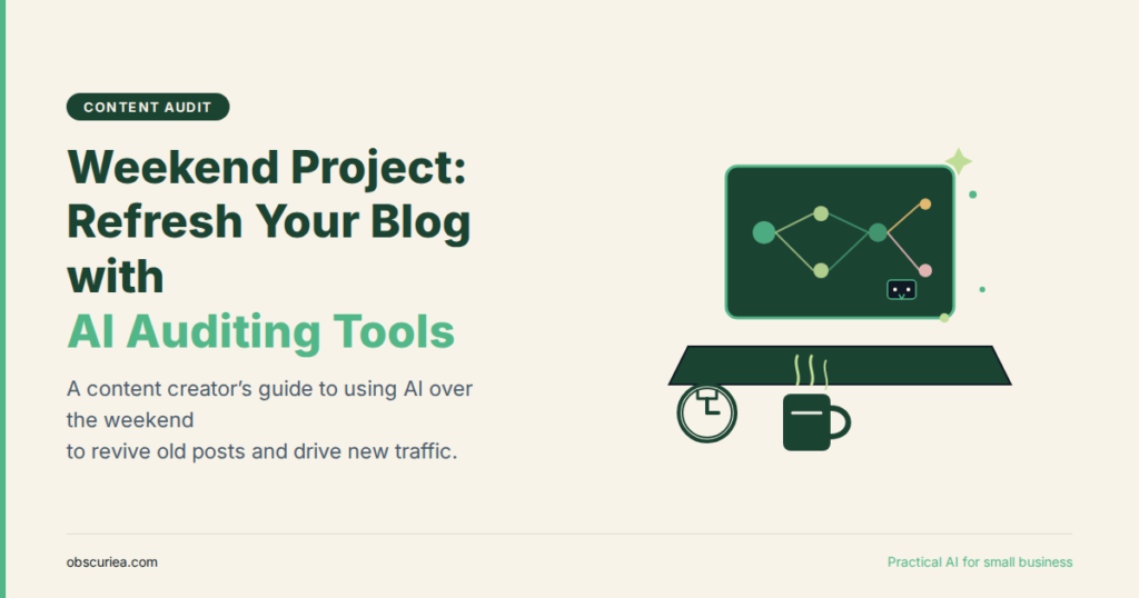 content creator using AI content auditing tools to refresh old blog posts on a laptop over the weekend