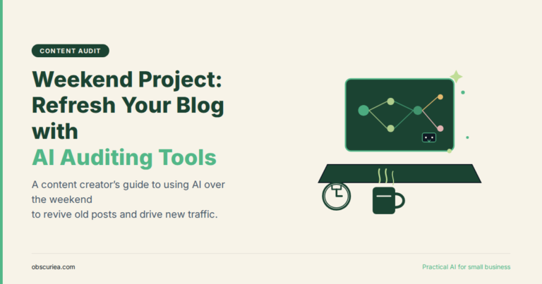 content creator using AI content auditing tools to refresh old blog posts on a laptop over the weekend