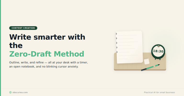 content creator using the zero-draft method to outline and write at a desk with a timer and open notebook