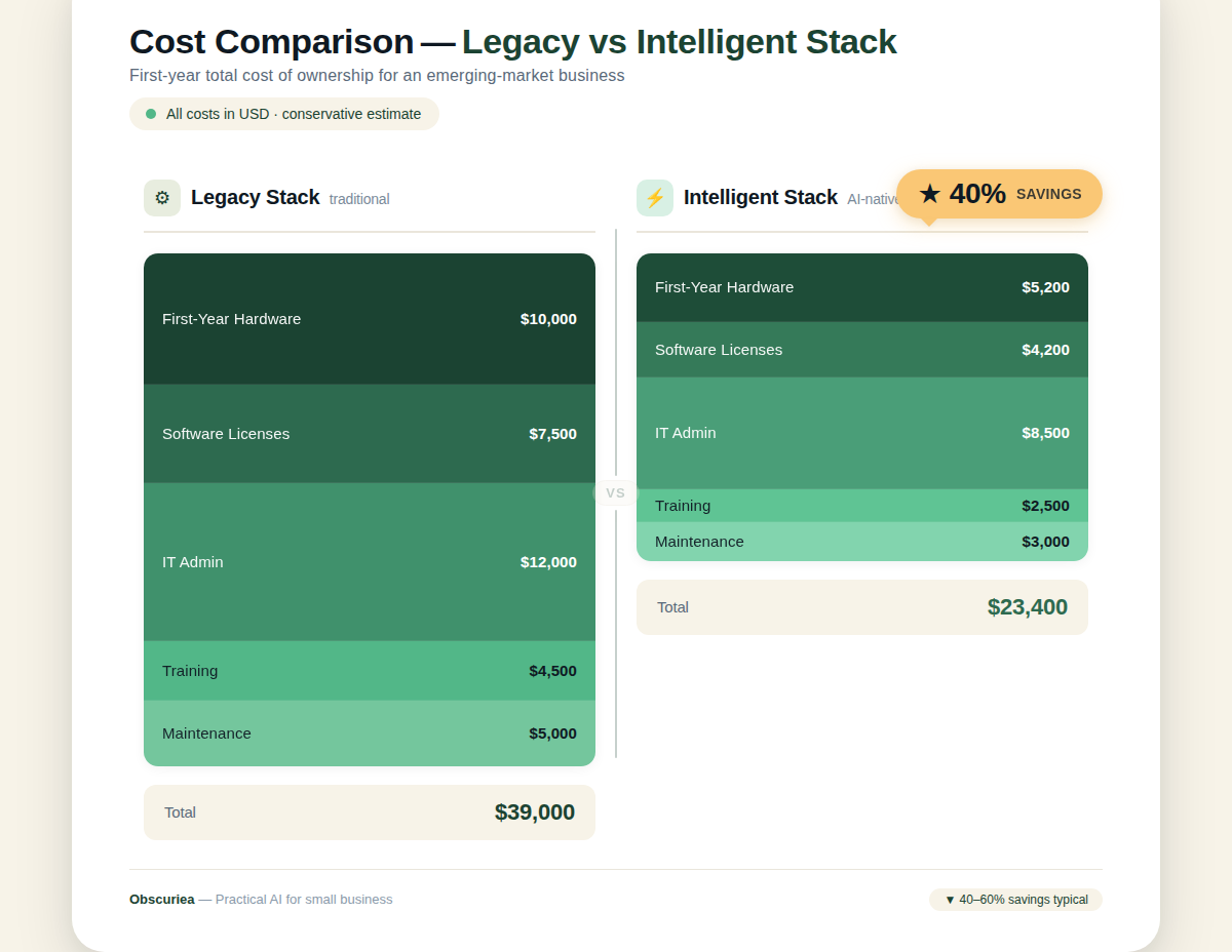 Cost comparison table showing legacy vs intelligent stack costs for an emerging market business