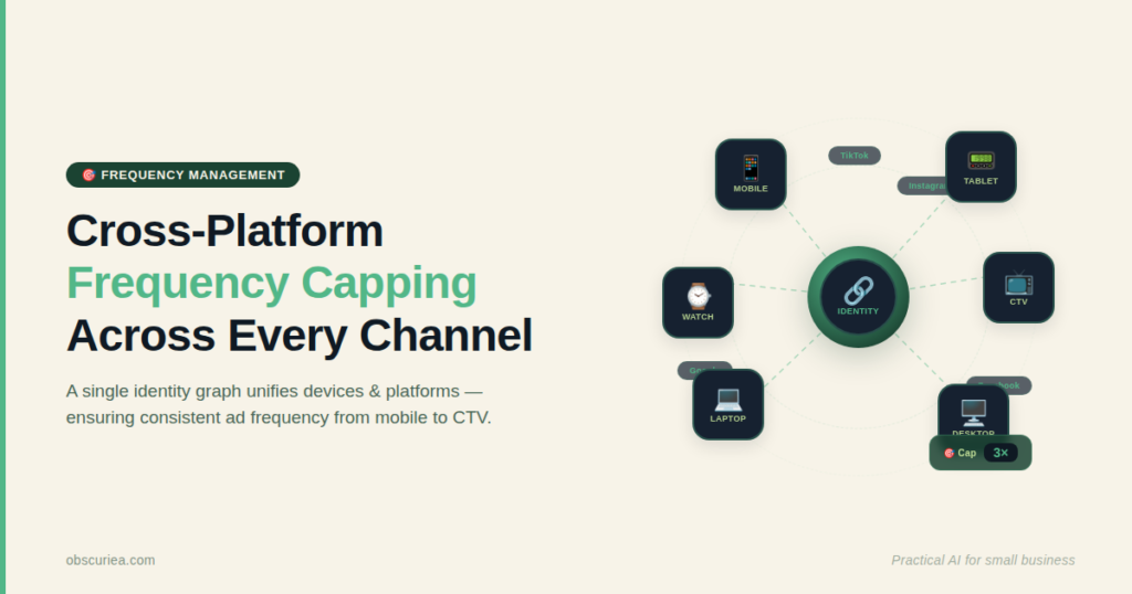 Cross-platform frequency capping diagram showing multiple devices and platforms connected by a central identity graph